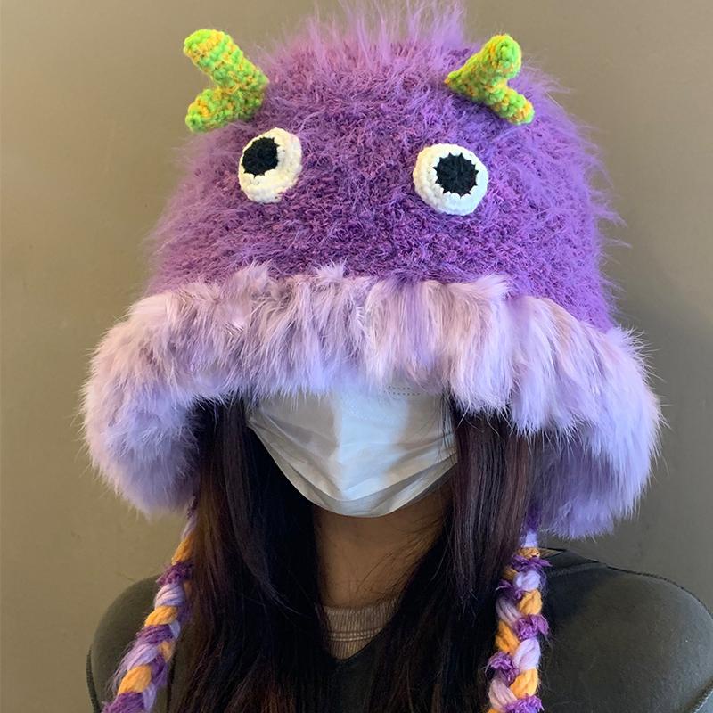 Mũ Len Dệt Kim Dày Dặn Giữ Ấm Tai Hình Quái Vật Nhỏ Dễ Thương Cho Nữ