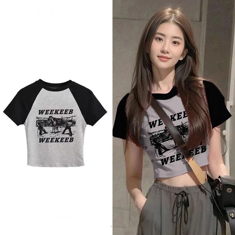 Áo baby tee Áo Thun Tay Ngắn Dáng Ôm Màu Sắc Tương Phản Phong Cách Mỹ Thời Trang Mùa Hè Cho Nữ