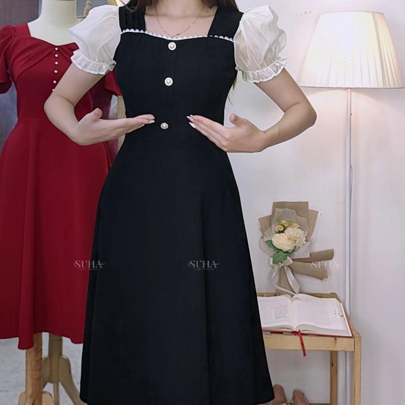 Váy công sở đẹp vai bồng phối tay trắng, cổ vuông Irene Dress V647 
 SUHA Fashion