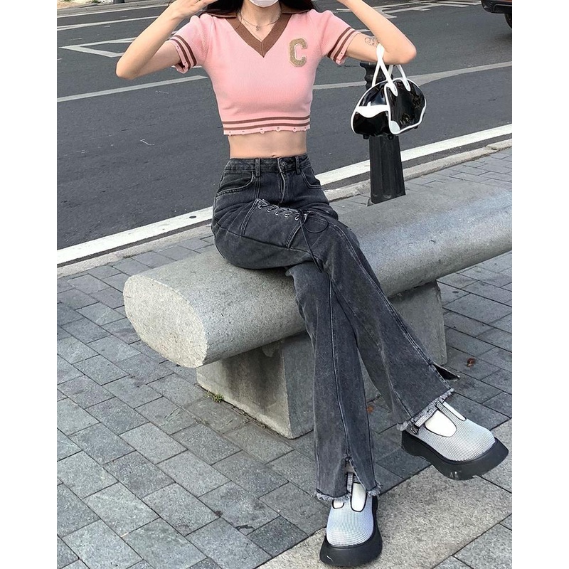 Quần Jean Ống Loe Lưng Cao Xẻ Tà Màu Đen Xám mav5 Thời Trang 2023 Cho Nữ