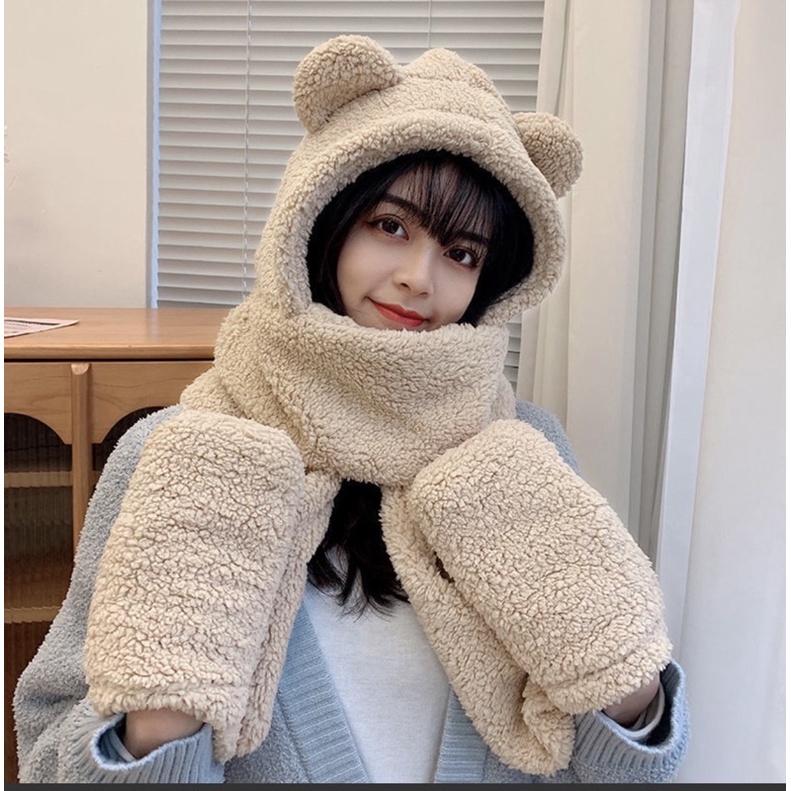 PVN22735 Mũ Lông liền Khăn Tai Gấu Có Chỗ Xỏ Tay T888