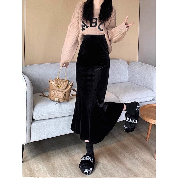Chân Váy Đuôi Cá Lưng Cao Chất Liệu Nhung Thời Trang Thu Đông Cho Nữ