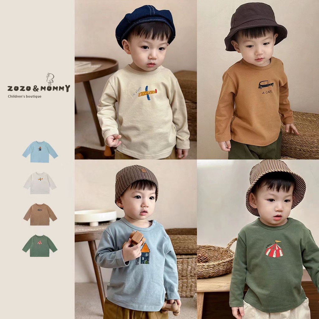 Áo Thun Tay Dài Màu Trơn In Họa Tiết Phong Cách Nhật Hàn Mới Cho Bé Trai / Gái