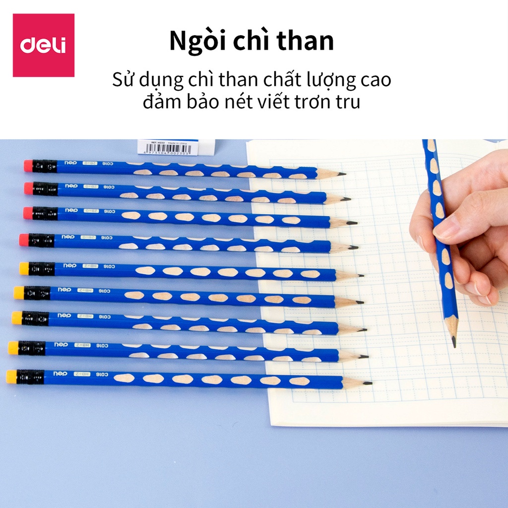 [HỌA CỤ DELI] Hộp 12 Cây Bút chì định vị lục giác Graphite Pencil 2B/HB Deli Thân gỗ mềm, Dễ gọt, Kèm đầu tẩy tiện dụng