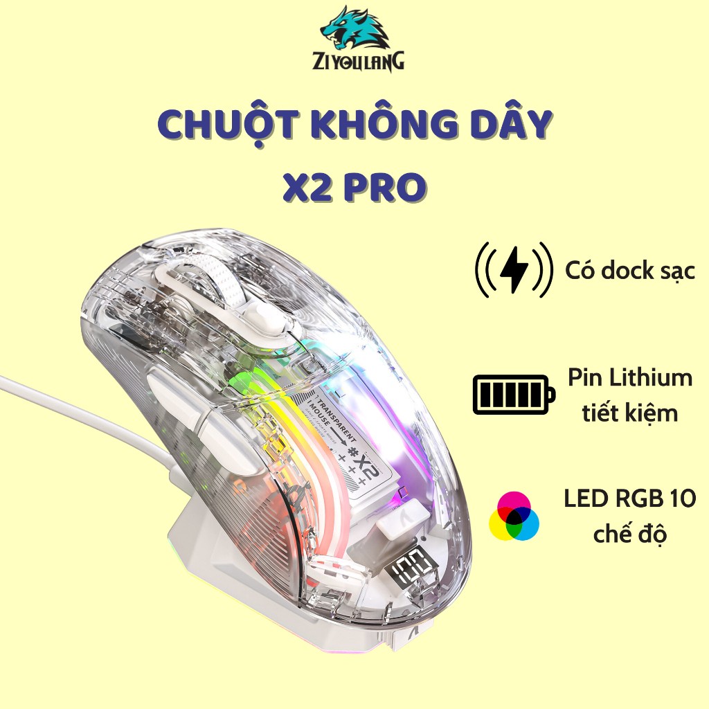 Chuột Máy Tính Không Dây Bluetooth Ziyou X2 PRO VIP Mouse LED RGB , Pin sạc cho Máy tính, Laptop PC