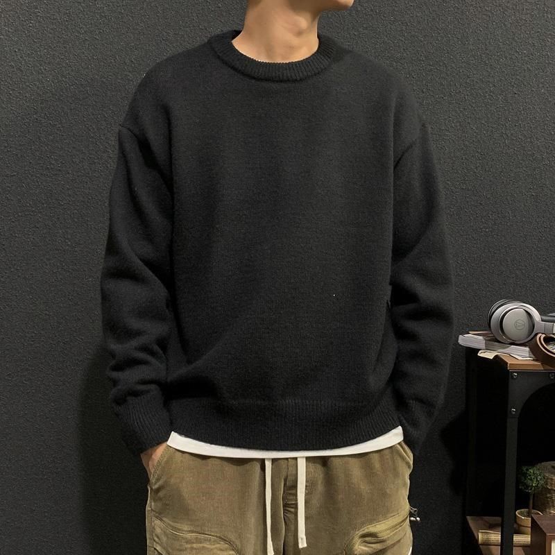 Áo sweater Dệt Kim Tay Dài Dáng Rộng Cổ Tròn Màu Sắc Đơn Giản Phong Cách Nhật Bản Thời Trang Xuân Thu Cho Nam