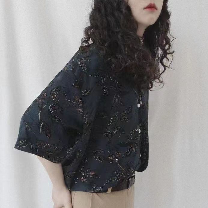 Áo Sơ Mi chiffon Tay Ngắn Màu Đen Và Đen In Họa Tiết Hoa Phong Cách Cổ Điển Thời Trang Mùa Hè Dành Cho Nữ