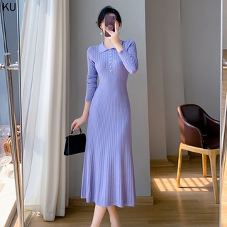 Giữa Chiều Dài Hẹp-Waist Ôm Hơn Áo Dệt Kim Nữ Mùa Đông Đầm Thu Đông Đáy Dài Áo Len Đầm Ve Áo Cổ