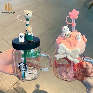 Starbucks Bình Nước Thủy Tinh Trong Suốt Chịu Nhiệt Có Tay Cầm Và Ống Hút Hình Gấu Màu Xanh Lá / Hồng Dễ Thương