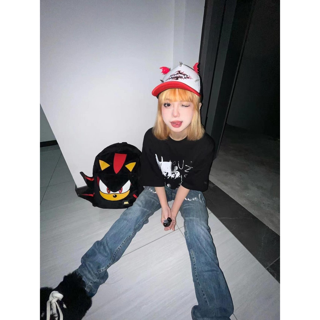 Balo y2k Wlgs Balo Nhung Lông Màu Đen Bóng sonic Cho Cặp Đôi