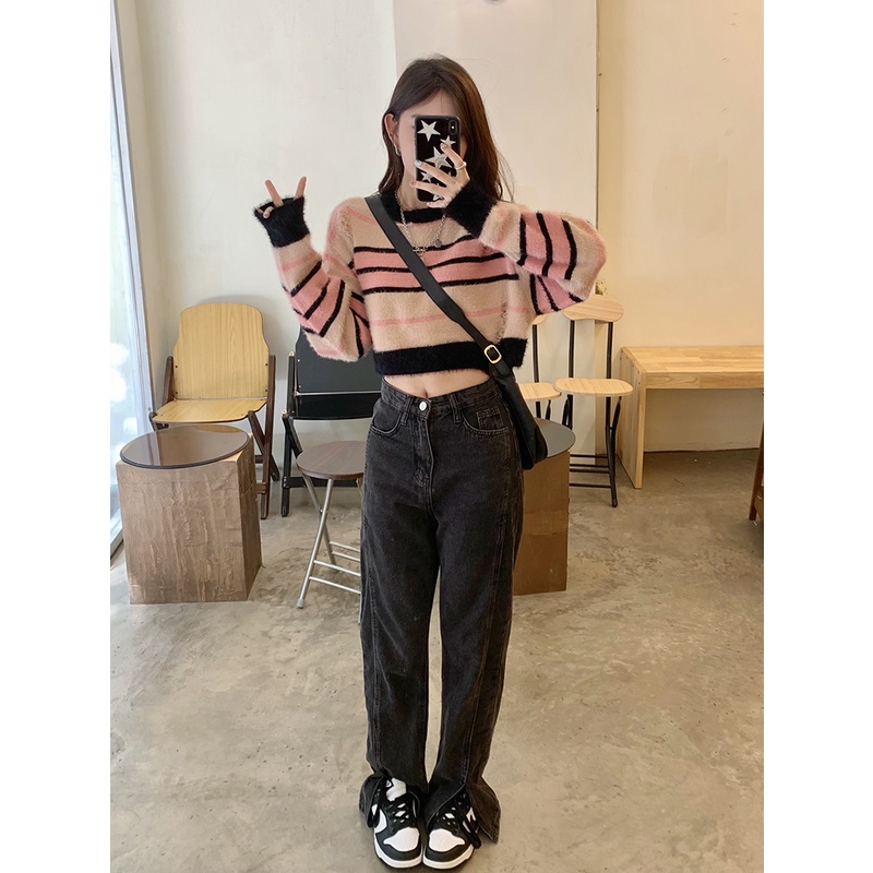 Áo Dệt Kim Tay Dài Dáng Rộng Họa Tiết Kẻ Sọc Phong Cách retro Thời Trang Mùa Thu Cho Nữ