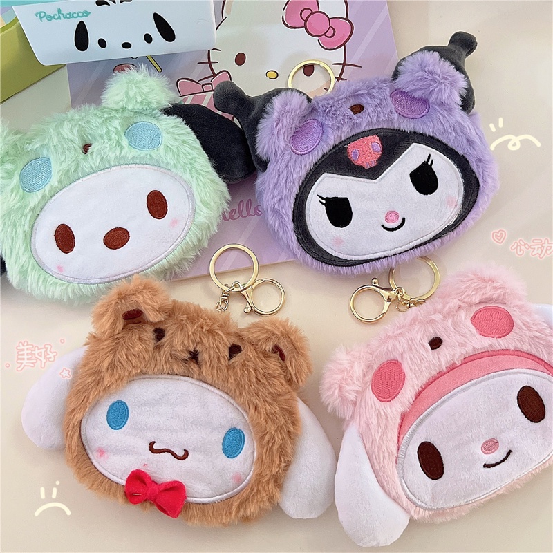 Sanrio Ví Đựng Tiền Xu / Thẻ / Tai Nghe Bằng Lông Nhung Hoạ Tiết Hoạt Hình Xinh Xắn