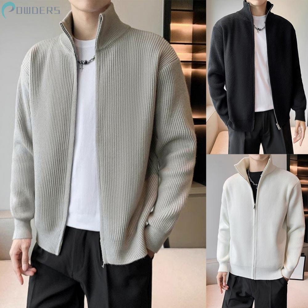 Mens Fleece Lined Knitted Jacket Zip Up Thick Warm Chunky Cardigan Long Coats