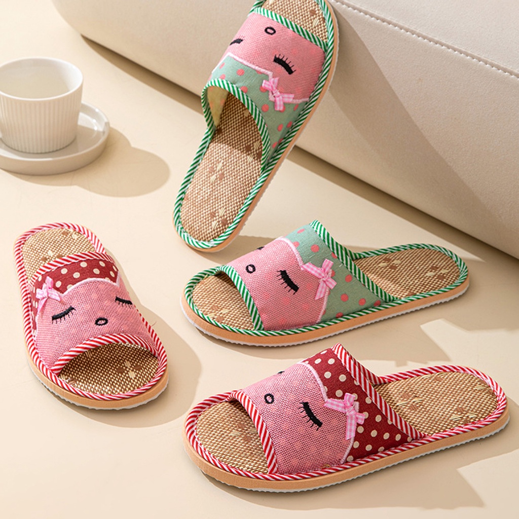 1 Đôi Dép Đi Trong Nhà Bằng Vải Lanh Thoáng Khí Thoải Mái In Họa Tiết Hoa / Xanh Lá / Hồng Hoạt Hình Cho Khách Sạn