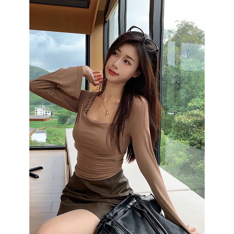 Áo Thun Tay Dài Cổ Vuông Dáng Ôm Thời Trang Mùa Thu Hàng Mới Dành Cho Bạn Nữ