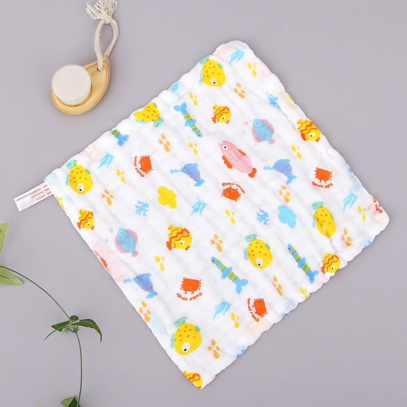 Six Khăn cotton Vuông Màu Trơn Hai Lớp Mật Độ Cao Khăn Lau Mặt Em Bé Hoạt Hình Vải Gạc In Hình Hoạt Hình Nhỏ