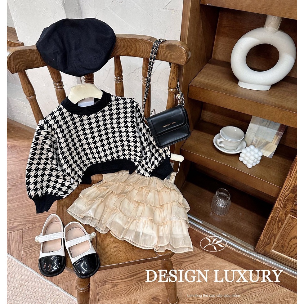 Set áo len + chân váy tơ cho bé gái 10-20kg mặc mùa đông 2023 đi chơi, đi học