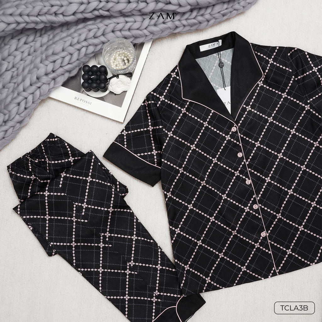 Zam luxury - TCLA3B - Ngắn tay quần dài HOẠ TIẾT THOI ĐEN HỒNG