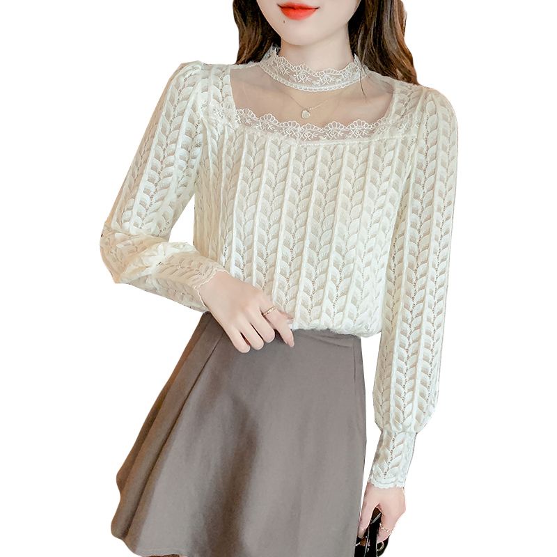 Áo Kiểu Tay Dài Cổ Lọ Phối Ren Lưới Phong Cách Phương Tây Thời Trang Mùa Thu Cho Nữ