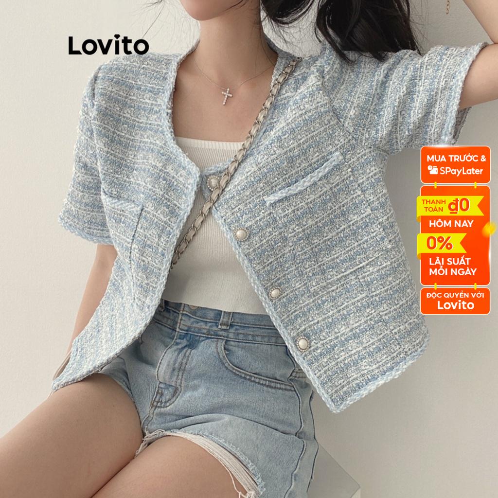 Áo khoác Lovito tay ngắn cổ tròn có túi màu trơn thanh lịch dành cho nữ LNE04135 (màu xanh dương)