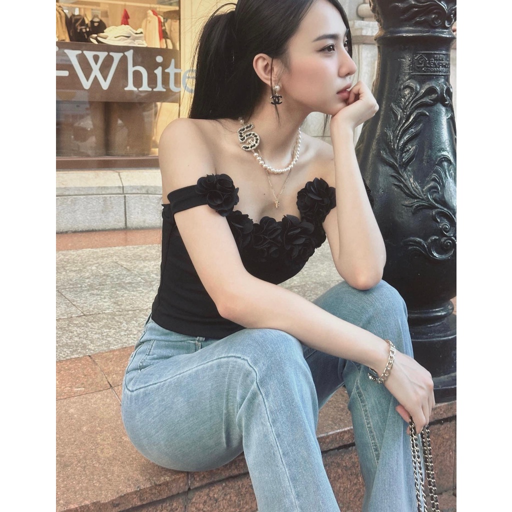 ÁO BẸT VAI ĐÍNH BÔNG - OB05168