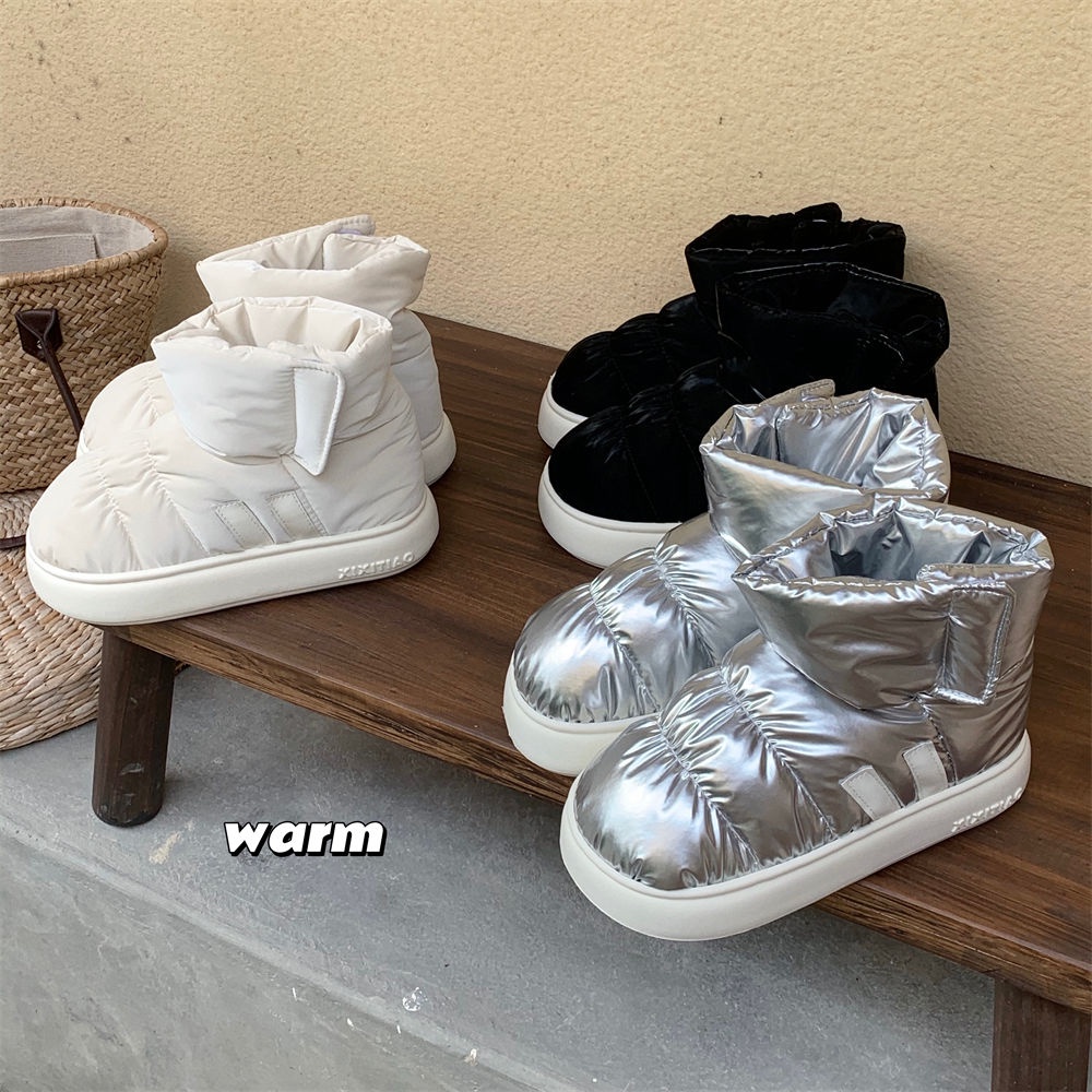 Oeteo Giày Bốt Đi Tuyết Đế Bằng Giữ Ấm Mùa Đông Có Khóa Dán Màu Bạc Cho Nam Và Nữ