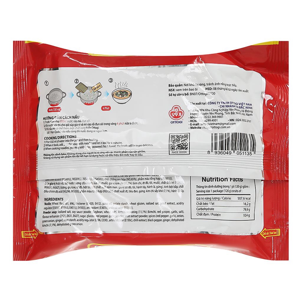 Mì nấu 4 phút OTTOGI bò hầm kim chi siêu ngon, Mì sợi to gói 120g - BHCH