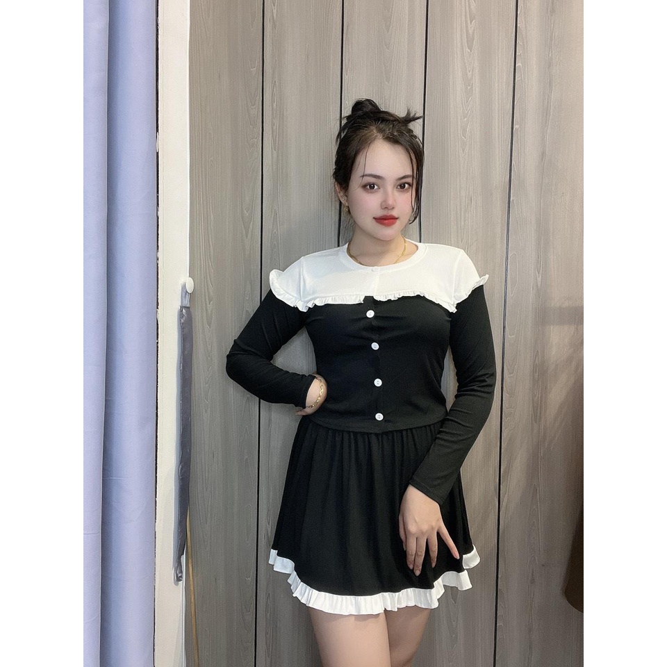 Set Váy Áo Croptop Có Lót Quần Đen Vải Thun Tăm Bigsize 50-100kg