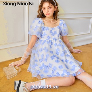 Đầm voan hoa XIANG NIAN NI tay phồng đính ngọc trai phong cách Pháp