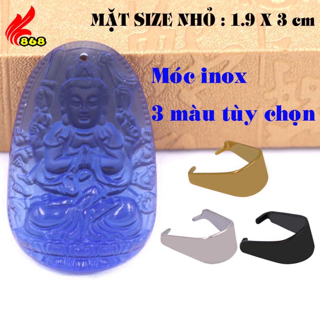 Mặt Phật Quan âm nghìn tay nghìn mắt pha lê xanh dương 3 cm, 5 cm kèm móc inox, Mặt dây chuyền Quan 