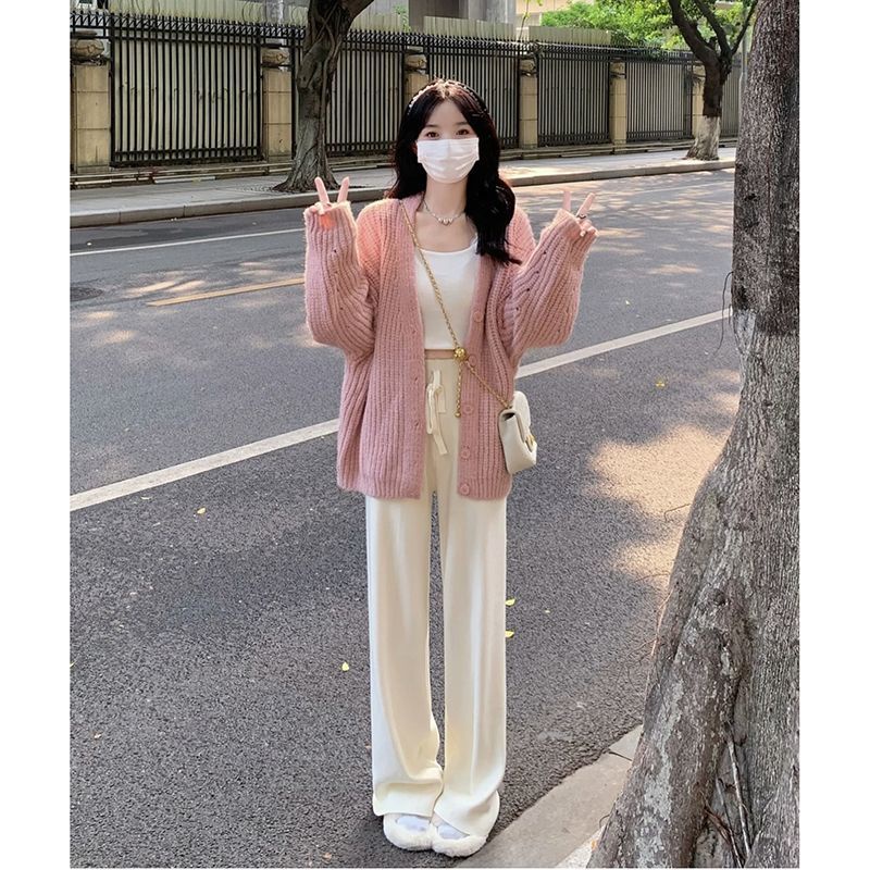 Áo Khoác cardigan Dệt Kim Dáng Rộng + Chân Váy Lưng Cao Phong Cách Thời Trang Thu Đông Hàng Mới
