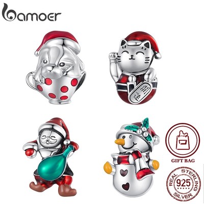 BAMOER Mặt Vòng cổ Bạc 925 Hình Ông Già Noel / Người Tuyết / Chó Mèo May Mắn Thời Trang DIY