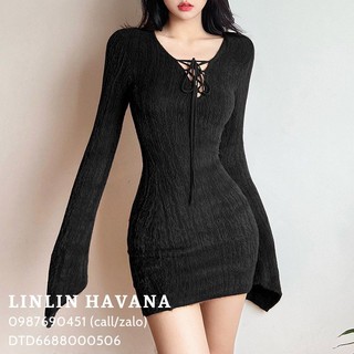 [Có sẵn] [Giá hủy diệt] Đầm Tay Dài Màu Trơn Dệt Kim Form Body Xẻ V Ngực Đan Dây Cột Nơ Phong Cách Cổ Điển