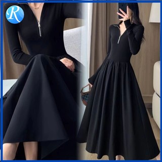 Đầm Dài Tay Cổ Chữ v Màu Trơn Thời Trang Thu Đông Cho Nữ