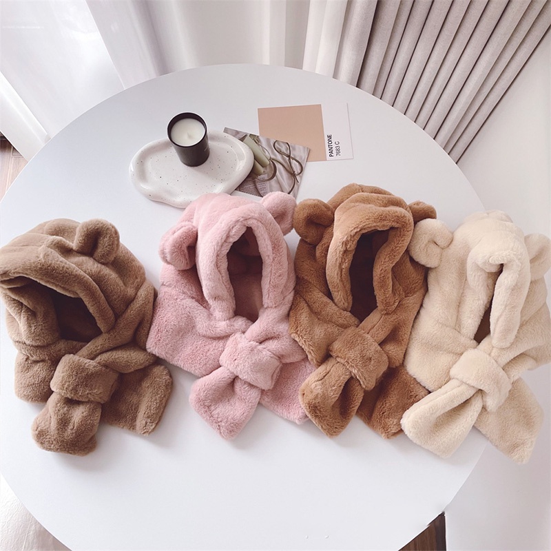 Mũ Trùm Đầu Giữ Ấm Tai Và Khăn Choàng Cổ Phủ Lông Dễ Thương Thời Trang Thu Đông Cho Bé Trai Và Bé Gái