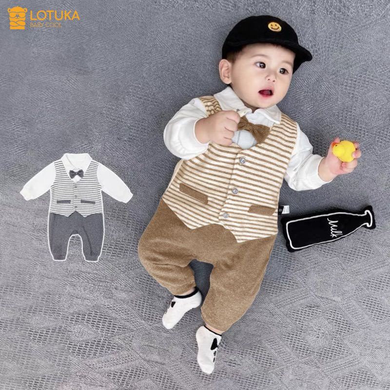 Bodysuit Công Tử LOTUKA Lót Lông Nhung Ấm Áp Lịch Lãm Cho Bé Trai, Body Dài Tay Cho Bé, Quần Áo Trẻ Em Size 3-12kg