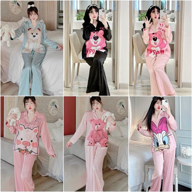 Bộ đồ ngủ pijama nữ dài tay gấm xước ánh kim họa tiết Gấu dễ thương JUSOKA DD45