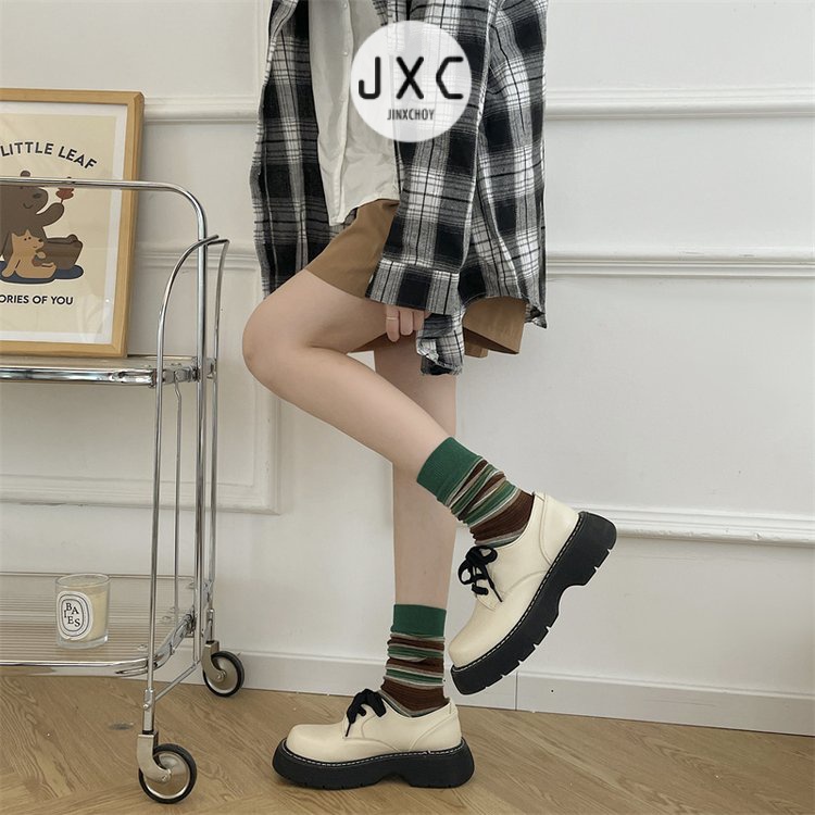 JINxCHOYGiày Da pu Mũi Tròn Đế Dày Buộc Dây Chéo Phong Cách Pháp Cổ Điển Thời Trang Cho Nữ