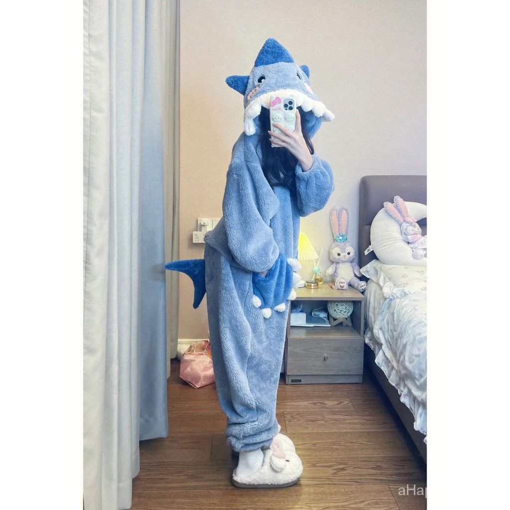 Bộ Đồ Ngủ Một Mảnh Bằng Vải Lông Cừu San Hô Dày Một Mảnh Có Nón Trùm Hình Cá Mập Dễ Thương Phong Cách Thời Trang Mùa Đông 2022