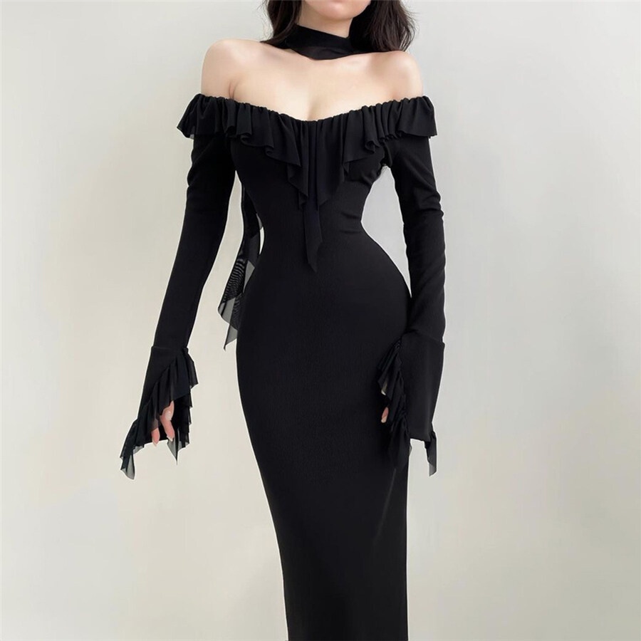  Weird Puss Đầm maxi Ôm Dáng Tay Dài Hở Vai Màu Đen Trơn Thanh Lịch Cổ Điển Quyến Rũ Cho Nữ 