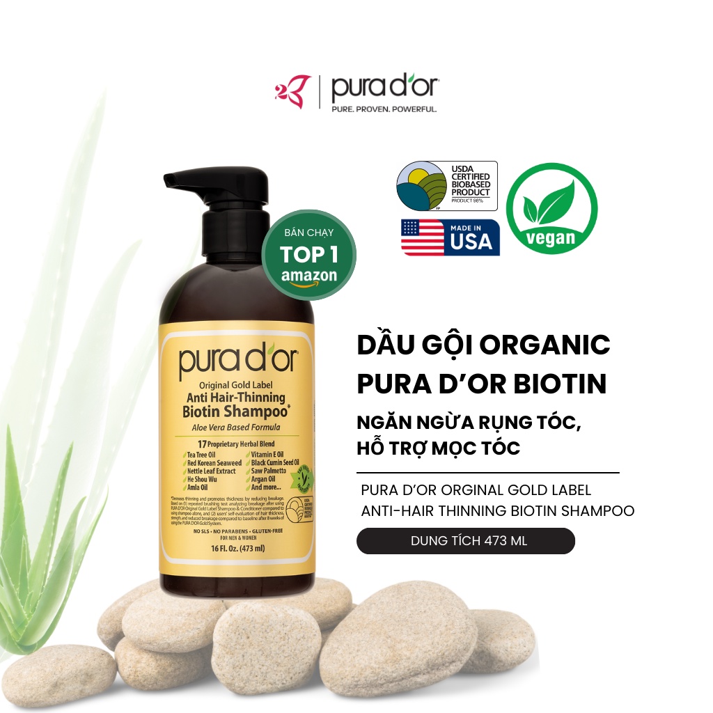 Dầu gội Organic PURA D'OR Biotin Original Gold Label - Ngăn Rụng Tóc, Hỗ Trợ Mọc Tóc