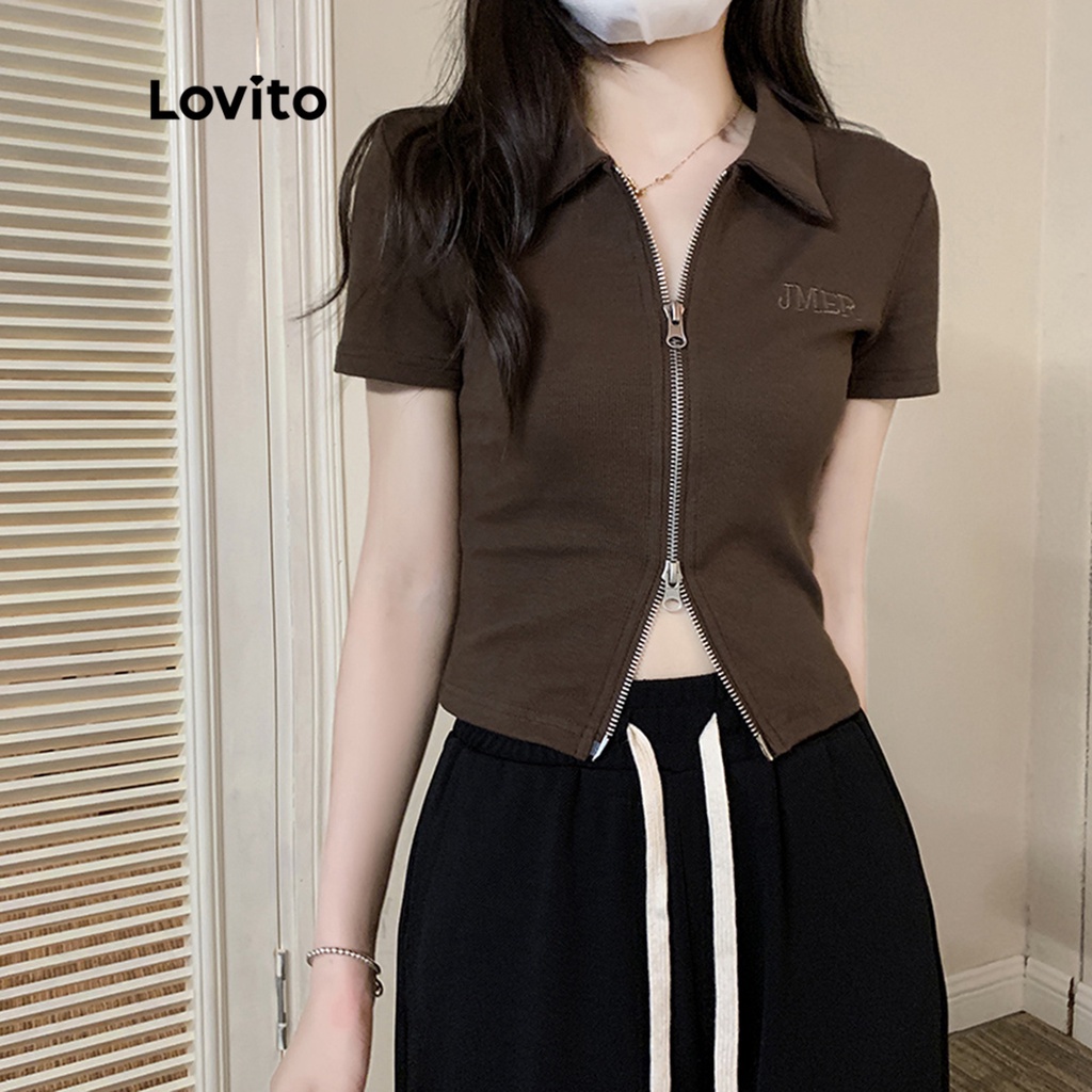 Áo croptop thun Lovito phối dây kéo thêu họa tiết thường ngày cho nữ LNA09190 (màu cà phê)