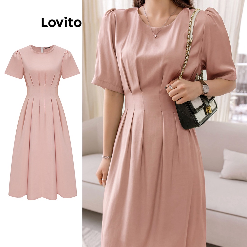 Đầm Lovito xếp ly màu trơn thường ngày cho nữ L65ED142 (màu hồng)