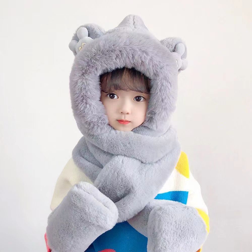 PVN61881 Mũ trùm đầu, mũ len kèm khăn choàng cổ và găng tay hình tai gấu đáng yêu cho bé