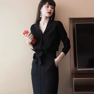 Phong Cách Hàn Quốc Nữ Quần Áo Nữ Pháp Dệt Kim Tính Khí Nữ Thần Phong Cách Hepburn Cao Cấp Chuyên Nghiệp Hai Mảnh Phù Hợp Với Áo Len