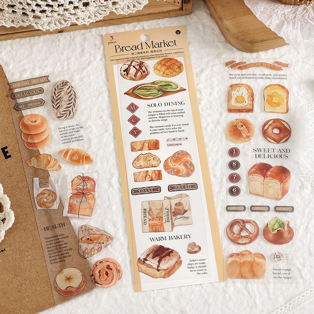 Enwei Bộ 3 sticker Giấy Dán Sổ Lưu Niệm Hình Bánh Mì Dễ Thương Không Thấm Nước