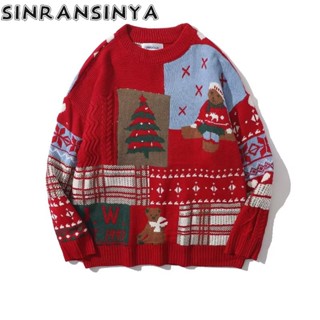 Sinransinya Áo sweater Tay Dài Dáng Rộng In Hình Gấu Bông Phong Cách retro Đường Phố Mỹ Thời Trang Ấm Áp Cho Nam