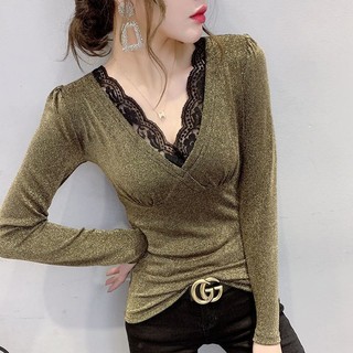 Áo Thun Dài Tay Cổ Chữ v Phối Ren Thời Trang Cho Nữ