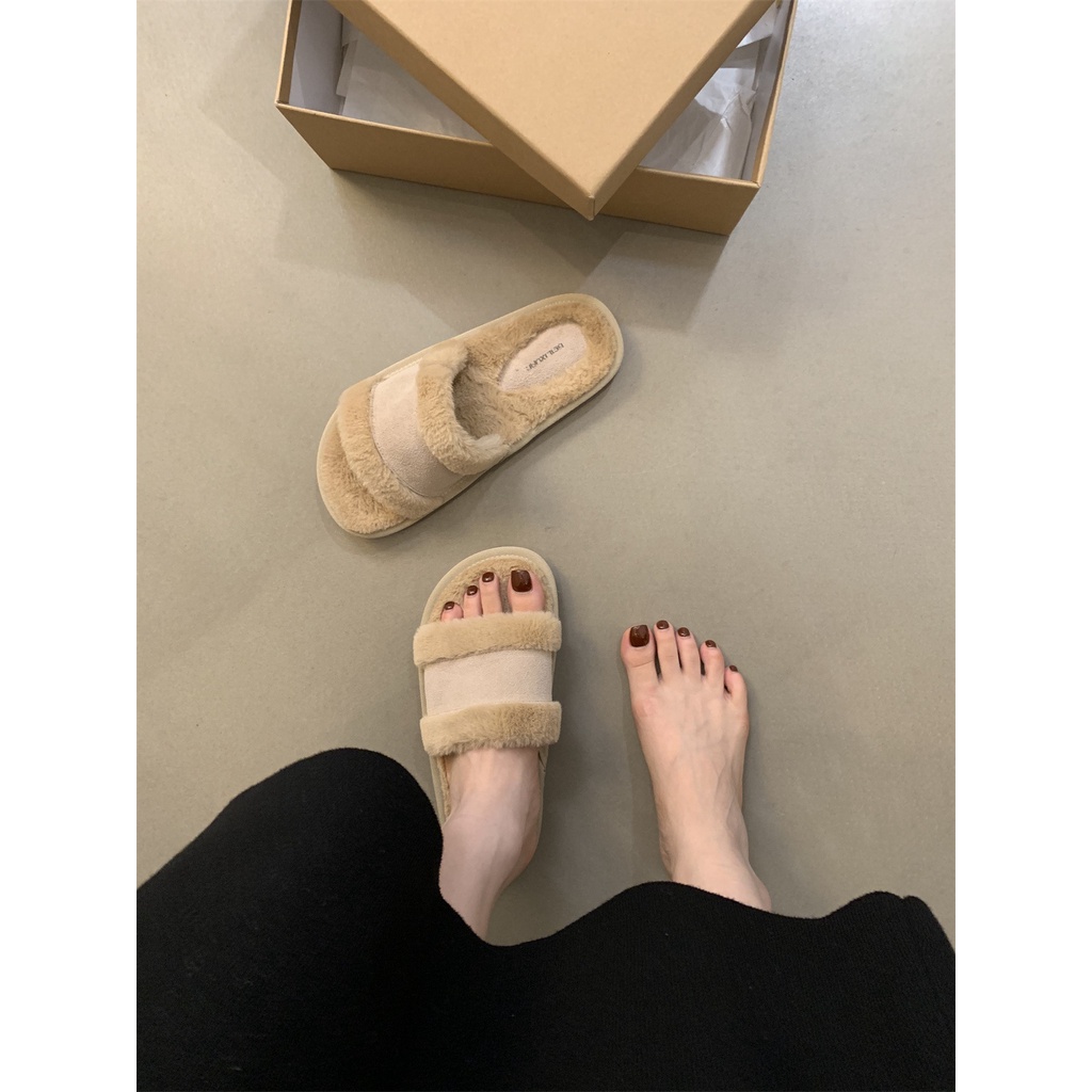 Duoya Dép Lông Cừu Phẳng Nhẹ Nhàng Phong Cách Hàn Quốc Cho Nữ Giới  Dép Đi Ngoài Trời Mùa Thu Đông Phiên Bản Thần Tiên Miễn