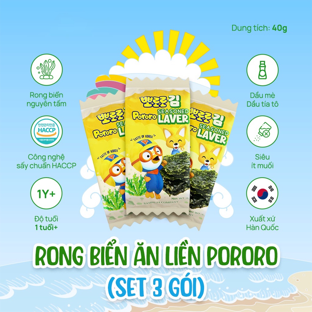 (Lốc 3 gói) Rong Biển Ăn Liền Pororo Hàn Quốc Cho Bé, Snack Rong Biển Lá Kim Sấy Khô Ăn Liền, Cuộn Cơm Cho Bé Tẩm Gia Vị